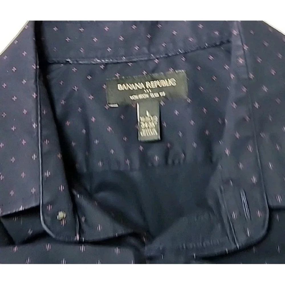 Banana Republic Men's Large Slim Fit 16-16.5 34/35 Long Sleeve Button Navy AOP